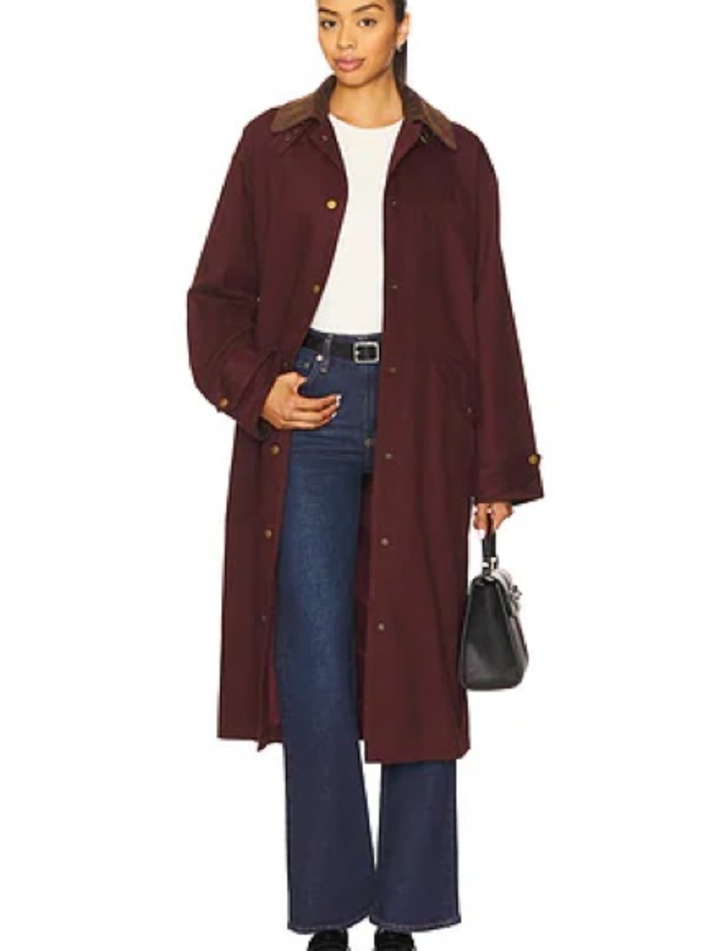 Line & Dot Burgundy Long Trench Coat with Contrast Collar